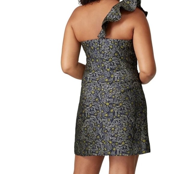 Monique Lhuillier Blue and Gold Sequin One Shoulder Cocktail Dress - Picture 2 of 11